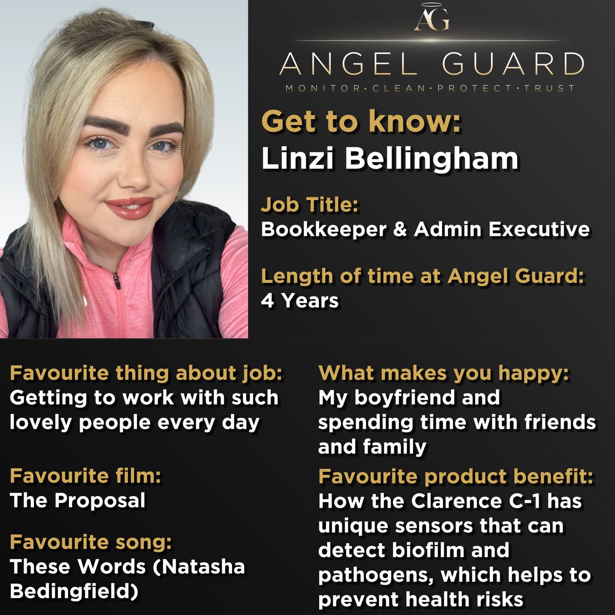 AngelGuardLtd's tweet photo. For Friday we’re back to meeting more of our wonderful Angel Guard team, and today we have Linzi!

Linzi helps to ensure that the company runs smoothly from day to day, ensuring that procurement runs smoothly as well as schedules and all company bookkeeping. https://t.co/6PhFVJNmfc