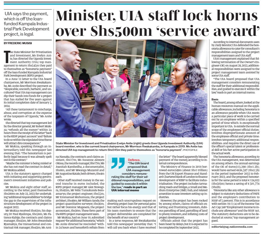 Anite__Evelyn's tweet image. This corruption in government must stop.Thank you UIA chairman @Rwakakamba &amp;amp; Board members for refusing to grant permission to @ugandainvest staff to pay themselves UGX 500m Honoraria out of loan meant for namave infrastructure development. Ensure the money they took is refunded.