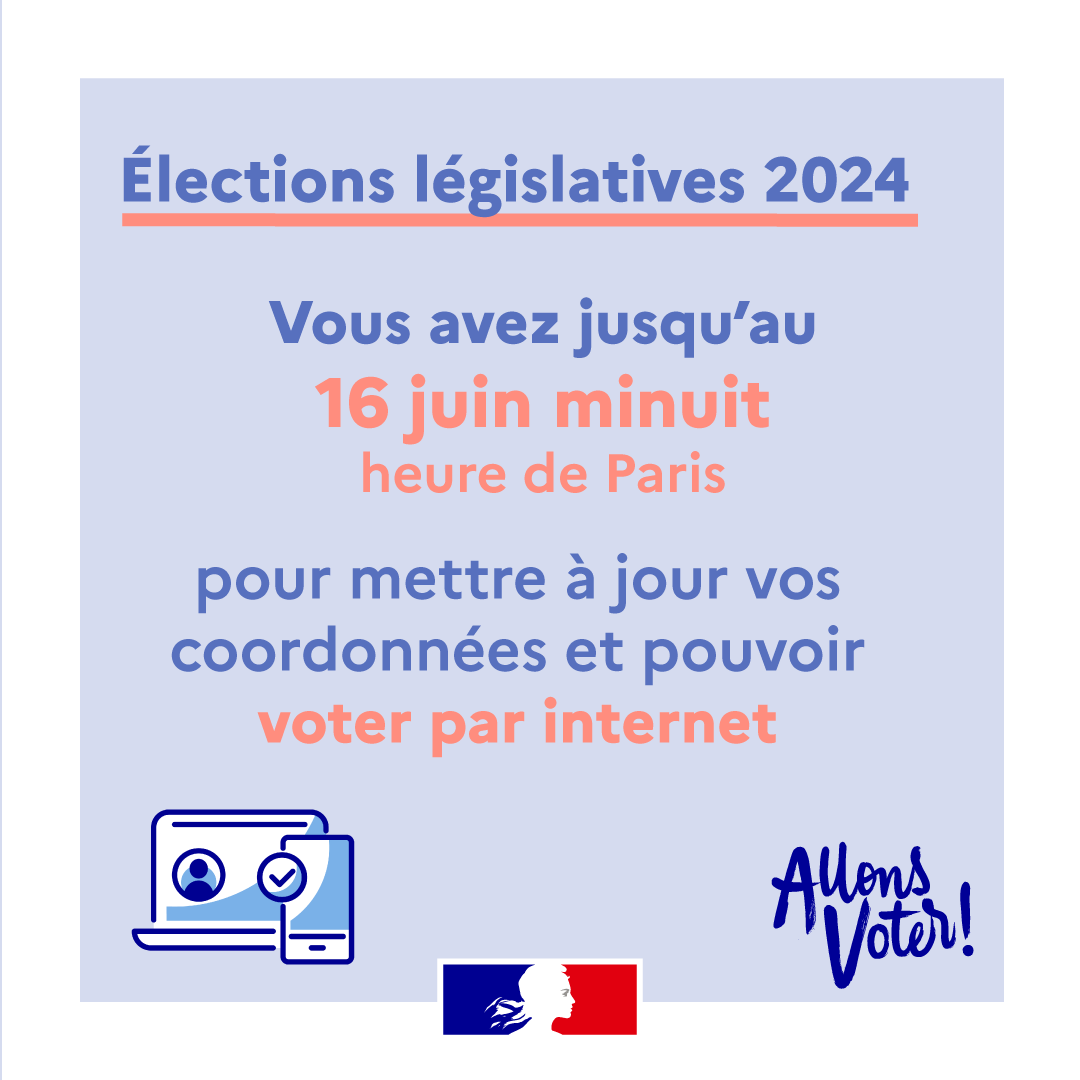 🗳 #Législatives2024
Le vote par internet est ouvert pour les 🇫🇷 à l'étranger, pensez-y !
🚨 Vous avez jusqu'au 16 juin pour mettre à jour votre adresse 📧 et votre numéro mobile 📲 dans votre dossier registre sur Service Public.
N'attendez plus : 👉 swll.to/Lci3f0