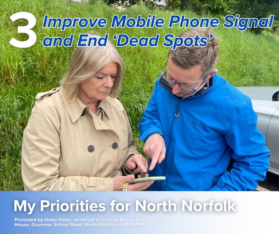 👉My Plan for North Norfolk - PLEASE SHARE!

✍️Each day I am laying out my plans for the constituency if I am lucky enough to be re-elected on Thursday 4th July.

3⃣Number 3. Improve mobile signal and end mobile dead spots.

👇Read my full plan below. 

facebook.com/duncancbaker/p…