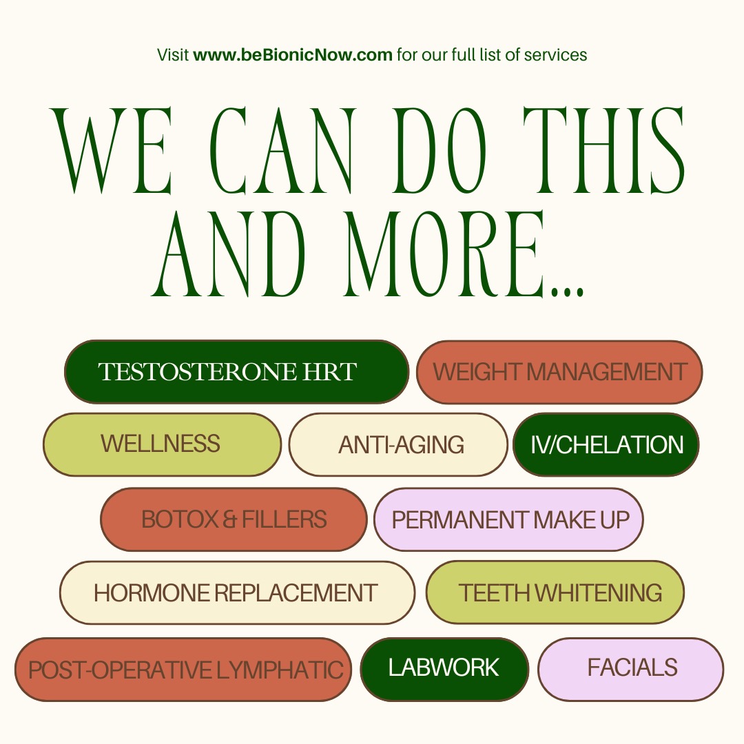 Exciting news! Bebionic in Lutz, FL is expanding with more services just for you! HRT, testosterone, weight loss, IV, botox, fillers, eyebrow tattoos, lip blush, teeth whitening, lymphatic post-op, wellness, lab work, facials, and body contouring. Book now! #BeBionic #Lutz #Tampa