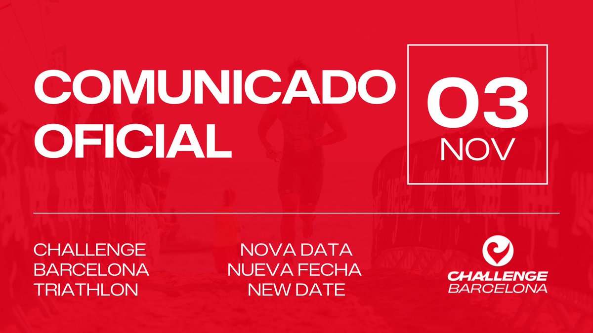 🚨 ¡Atención triatletas! Os informamos que el Challenge Barcelona 2024, previsto para el 27 de octubre, se celebrará una semana más tarde, el  domingo 3 de noviembre de 2024.

Toda la info en nuestra cuenta de Instagram