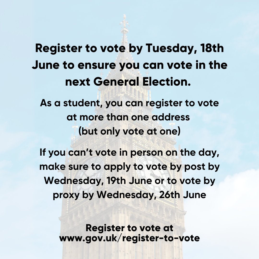 A General Election has been called for Thursday, 4th July.

You have until Tuesday, 18th June to register to vote in. Don’t miss this chance to make your voice heard!

For more information, head to our Linktree 🔗