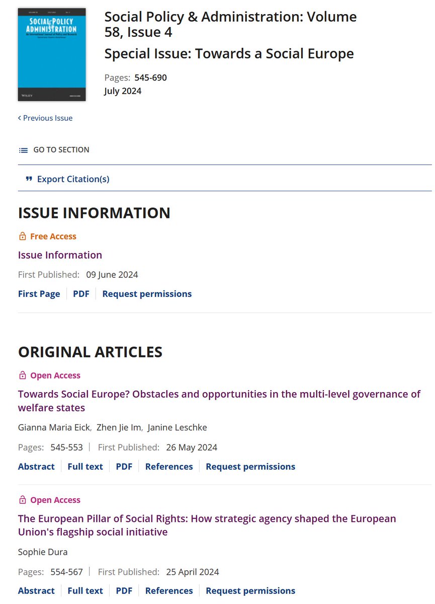 The <a href="/spaajournal/">Social Policy & Admi nistration</a> special issue by <a href="/zhen_j_im/">Zhen Im</a>, Janine Leschke and me "Towards Social Europe? Obstacles and opportunities in the multi-level governance of welfare states" is now complete 🥳🥳🥳 Have a look! onlinelibrary.wiley.com/toc/14679515/2…