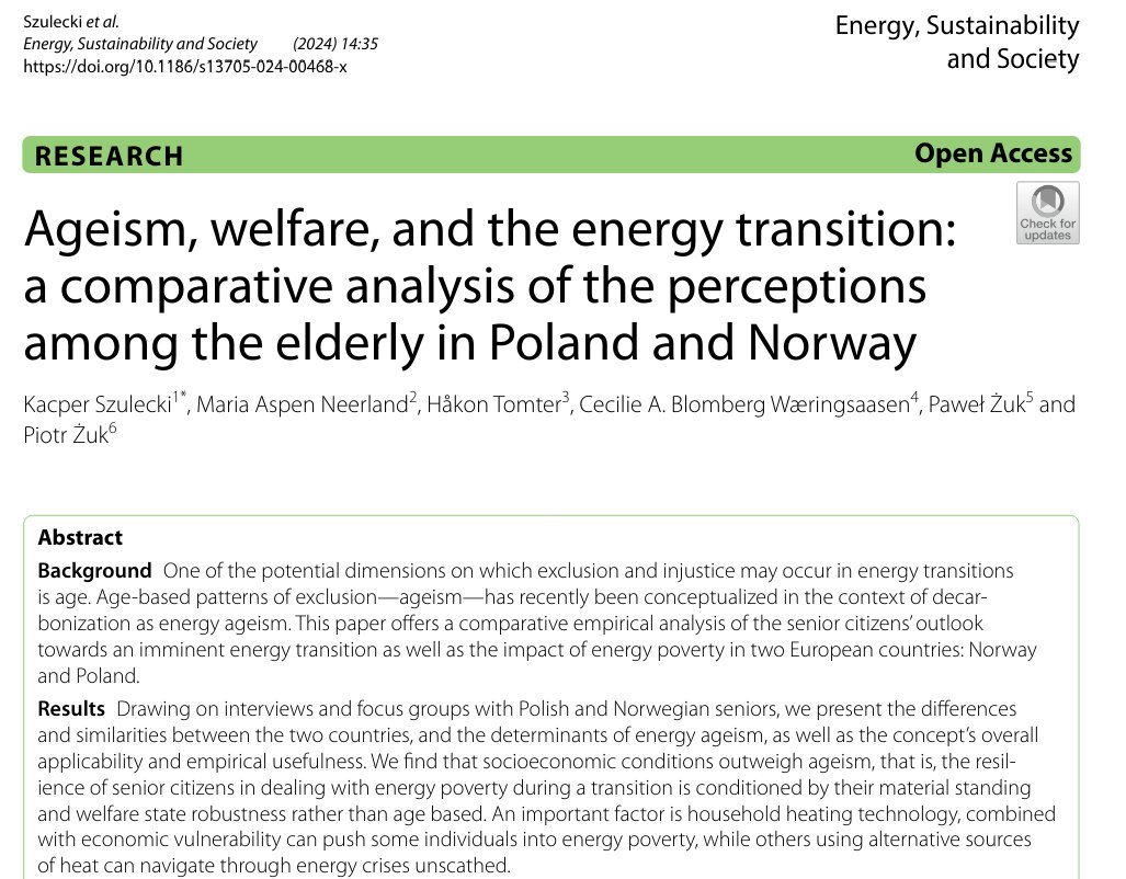 💡NEW PAPER - We looked at how 🇳🇴Norwegian and 🇵🇱Polish senior citizens perceive the ongoing energy transition🔌, where the challenges and energy poverty risks are. 

Our motivation was to unpack the notion of 'energy ageism' - age-specific forms of systematic discrimination  1/3