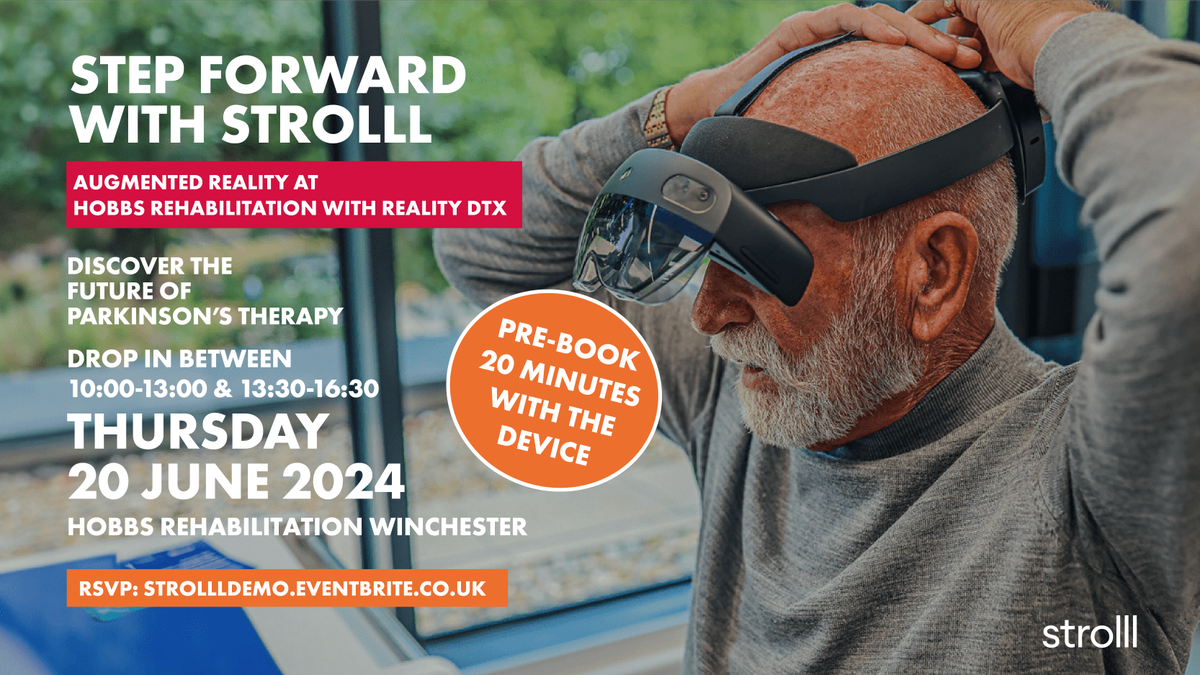 HobbsRehab's tweet photo. Join us for an exciting taster session of Reality DTx by Strolll, an advanced AR device designed for those living with Parkinson's and neurological conditions.
👉 https://t.co/faFrkD7ksv
@strolllapp #parkinsons #pdwarrior #strolll https://t.co/r1p29MlWgq
