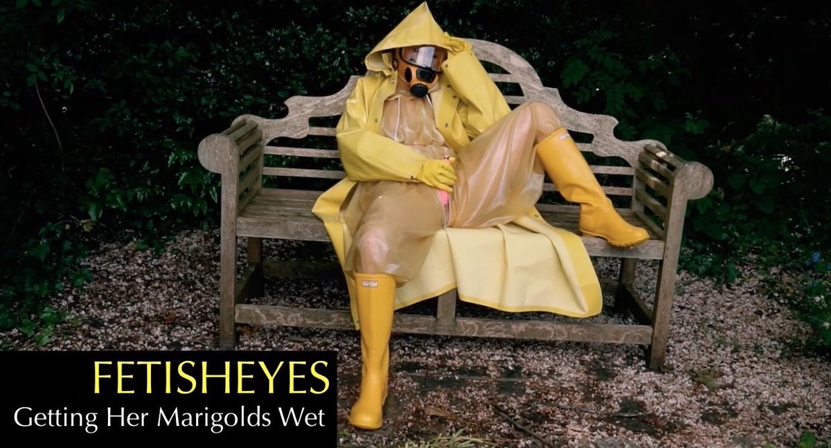 Fetisheyes's tweet photo. Golden Girl Honour May @X_MissMay_X wears a translucent latex suit, heavy rubber Rainfair mackintosh, Britmarine swimming cap, gasmask, housegloves, and rare vintage yellow Hunter rainboots! 'Getting Her Marigolds Wet' is new at https://t.co/lOzQqPKwGI this week .. https://t.co/zuyGePqMnE