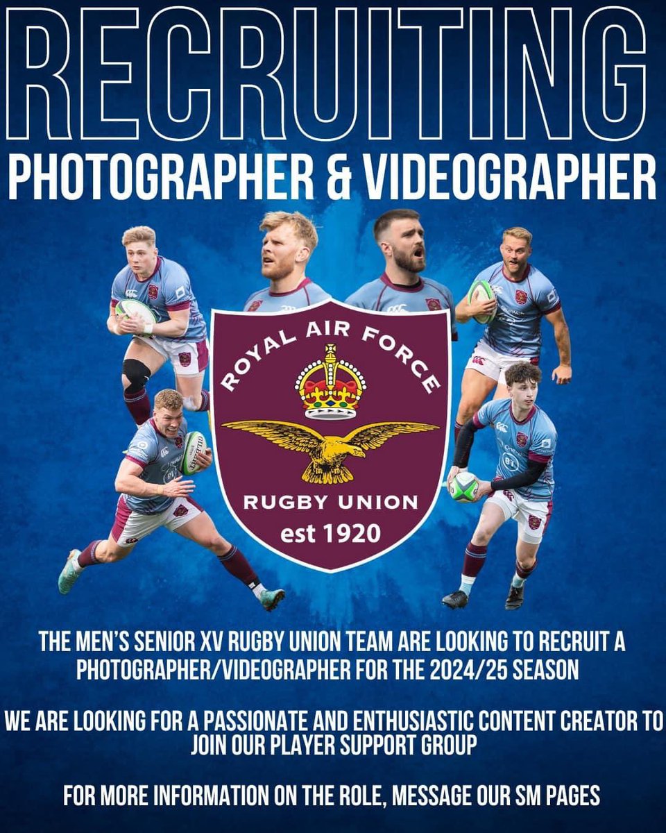 ✈️ 🏉 🎥 PHOTOGRAPHER &amp; VIDEOGRAPHER WANTED 🎥 🏉 ✈️ 

The Men’s Senior XV rugby union side are looking for for an enthusiastic and creative photographer/videographer to join the team. This will be a highly rewarding role working with the RAF’s premier sporting side! DM for info