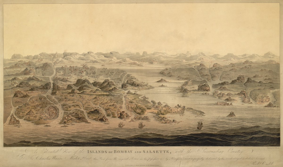 Here's what Mumbai looked like 230 years ago. Birds eye view of Bombay by Charles Warre Malet, early 1790s. <a href="/britishlibrary/">British Library</a> P1449