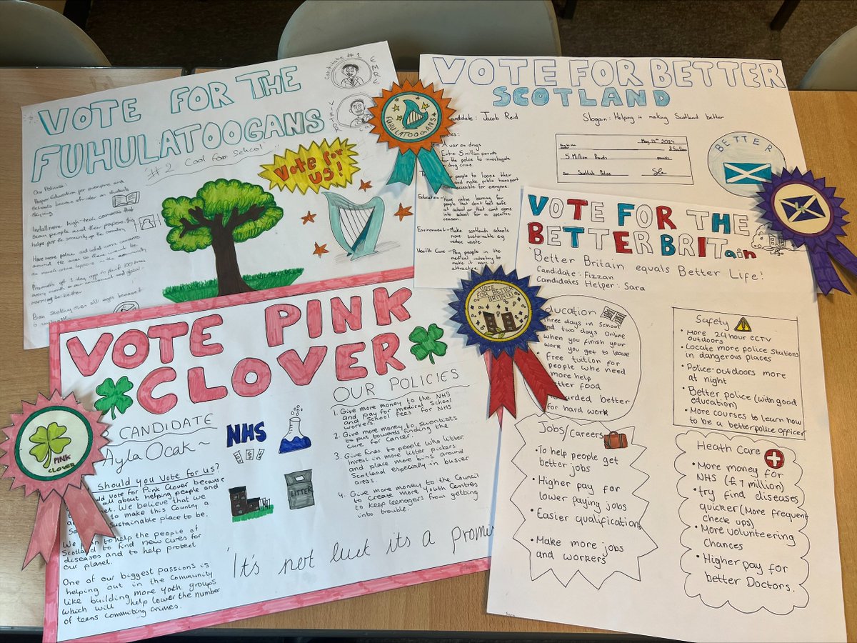 Some amazing campaign poster's and rosette's created by <a href="/MissCroall/">MissCroall</a>'s S2 class for their Mock Election!