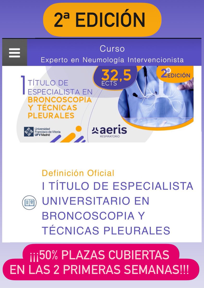 Tras el rotundo éxito de 1ª Ed. del curso de especialista en #broncoscopia y técnicas pleurales,ya tenemos en marcha la 2ª. 

En pocos días hemos cubierto el 50% de las inscripciones

Si quieres ver 1 DEMO de lo que vas a encontrar accede aquí 👇🏻
invitacion.inspiranetwork.com/acceso-a-capit…