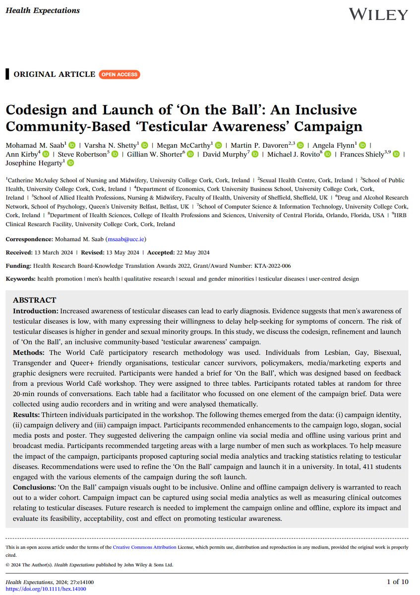 UCC School of Nursing & Midwifery 🌈 (@uccnursmid) on Twitter photo Great to see this #OpenAccess publication from a <a href="/hrbireland/">HealthResearchBoard</a> funded project that led to co-designing and launching "On the Ball," an inclusive testicular awareness campaign. Congratulations to Dr <a href="/MohammadSaab7/">Mohamad M. Saab</a> and colleagues. Link: doi.org/10.1111/hex.14… Great to see this #OpenAccess publication from a <a href="/hrbireland/">HealthResearchBoard</a> funded project that led to co-designing and launching "On the Ball," an inclusive testicular awareness campaign. Congratulations to Dr <a href="/MohammadSaab7/">Mohamad M. Saab</a> and colleagues. Link: doi.org/10.1111/hex.14…