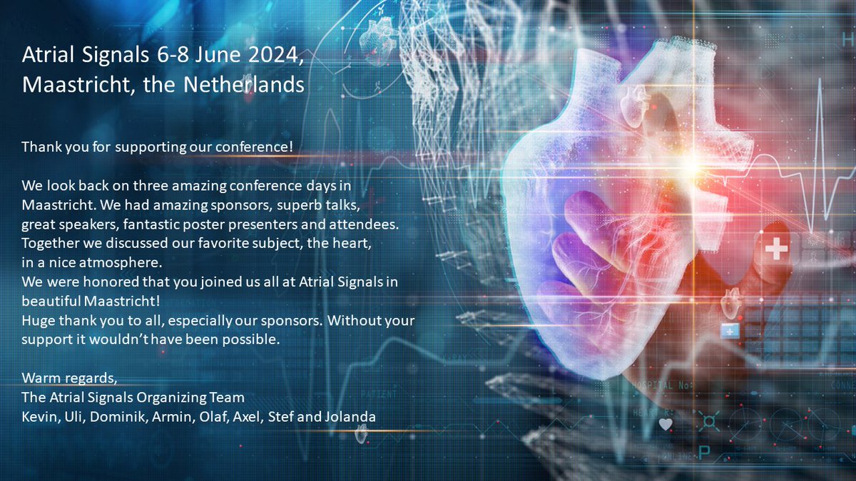 😍What an amazing and successful Atrial Signals Conference we had last week! Thanks to everyone that made Atrial Signals 2024 possible! <a href="/Dominik_Linz/">Dominik Linz</a> <a href="/kvernooy/">Kevin Vernooy</a> @stefzeemering <a href="/axel_loewe/">Axel Loewe (axel-loewe.bsky.social)</a> <a href="/ArminLuik/">Armin Luik</a> <a href="/UliSchotten/">Uli Schotten</a>