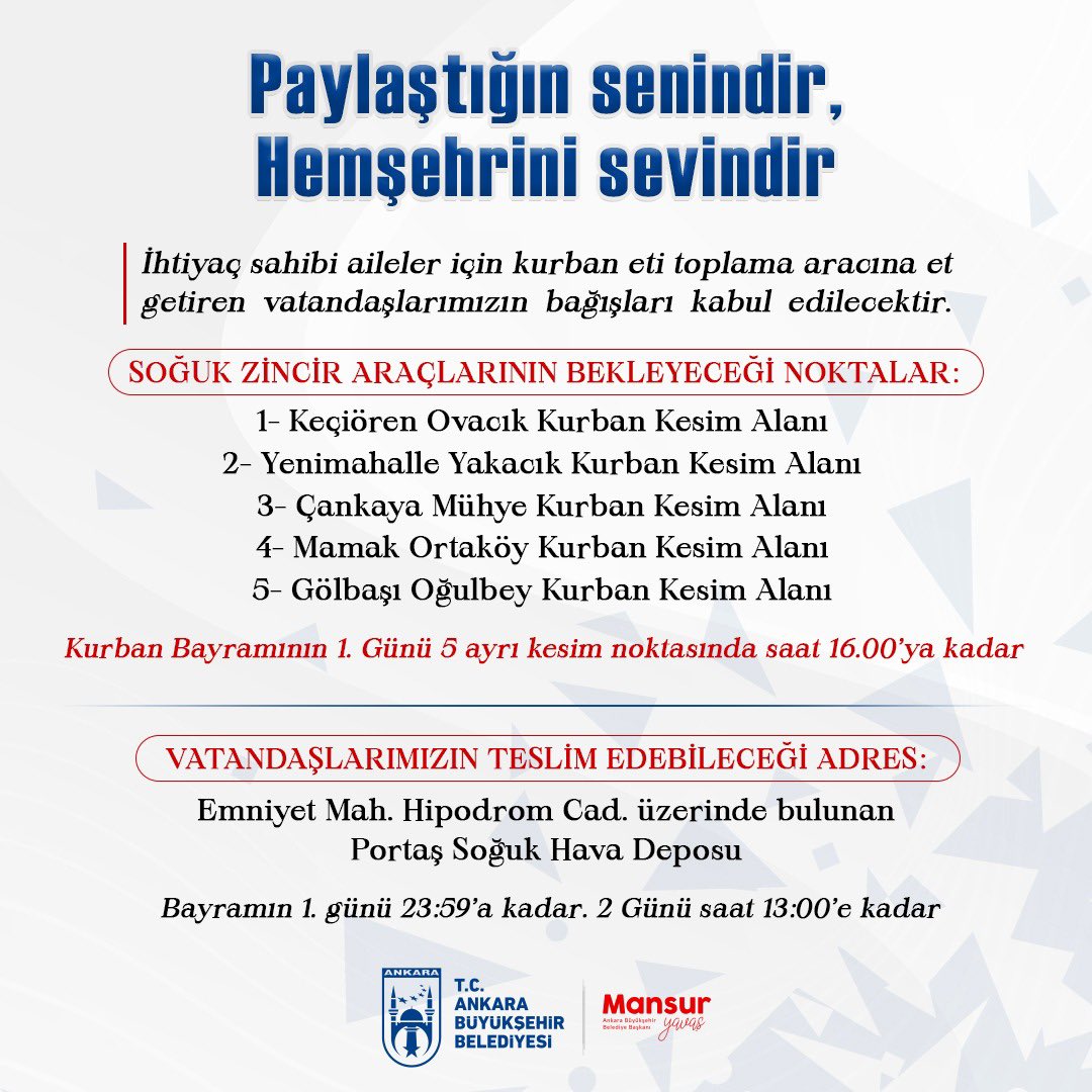 Kurban bağışlarınızı alıyor, ihtiyaç sahiplerine ulaştırıyoruz.

Tüm hemşehrilerimi Kurban Bayramı'nın bereketini birlikte yaşamaya ve her evde Bayram yaşatmaya davet ediyorum.