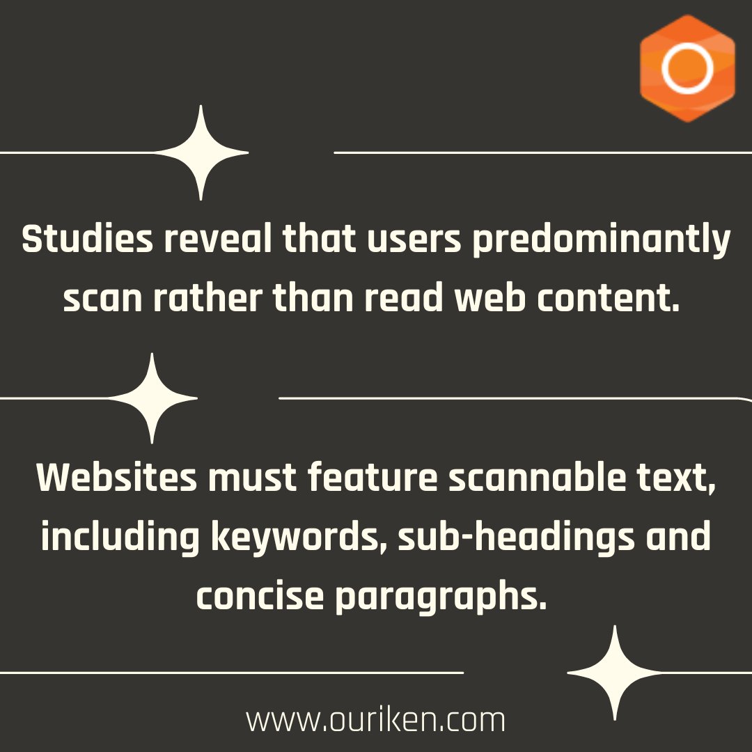 Our_iken's tweet image. Studies reveal that users predominantly scan rather than read web content.
Websites must feature scannable text, including keywords, sub-headings and concise paragraphs.

To know more visit our website 👉 ouriken.com
 #webdesignservices #webdesignmumbai #ouriken