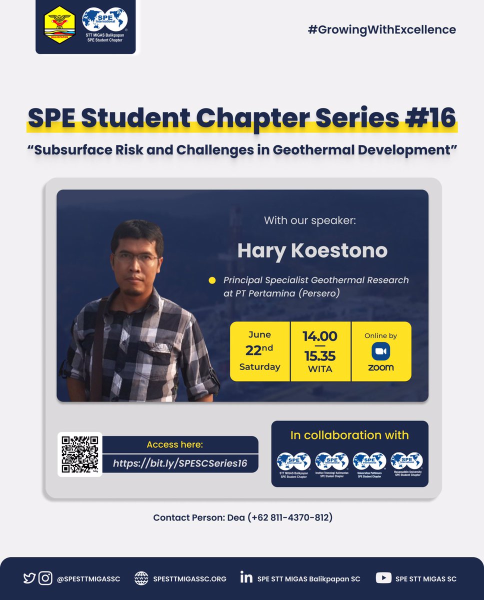 spesttmigassc's tweet photo. [SPE SC SERIES #16: Subsurface Risks and Challenges in Geothermal Development]

Don’t miss out on this opportunity, register yourself immediately through this link: https://t.co/3UxNBRmx93

SPE STT MIGAS Balikpapan SC #GrowingWithExcellence https://t.co/f3w4F7PdKR