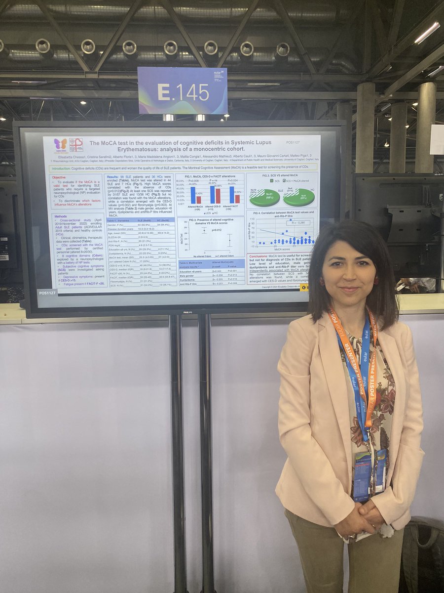 Sarah Dyball (@sarahdyball1) on Twitter photo ➡️ MoCA as a screening tool for cognitive deficits in #SLE
➡️Low level of education, anti RibP, dyslipidaemia and male gender were associated with MoCA alterations
➡️Subjective cognitive symptoms correlated with fibromyalgia and depression
<a href="/elis_chessa/">elisabetta chessa</a> <a href="/RMD_clinic/">Matteo Piga</a> #EULAR2024 ➡️ MoCA as a screening tool for cognitive deficits in #SLE
➡️Low level of education, anti RibP, dyslipidaemia and male gender were associated with MoCA alterations
➡️Subjective cognitive symptoms correlated with fibromyalgia and depression
<a href="/elis_chessa/">elisabetta chessa</a> <a href="/RMD_clinic/">Matteo Piga</a> #EULAR2024