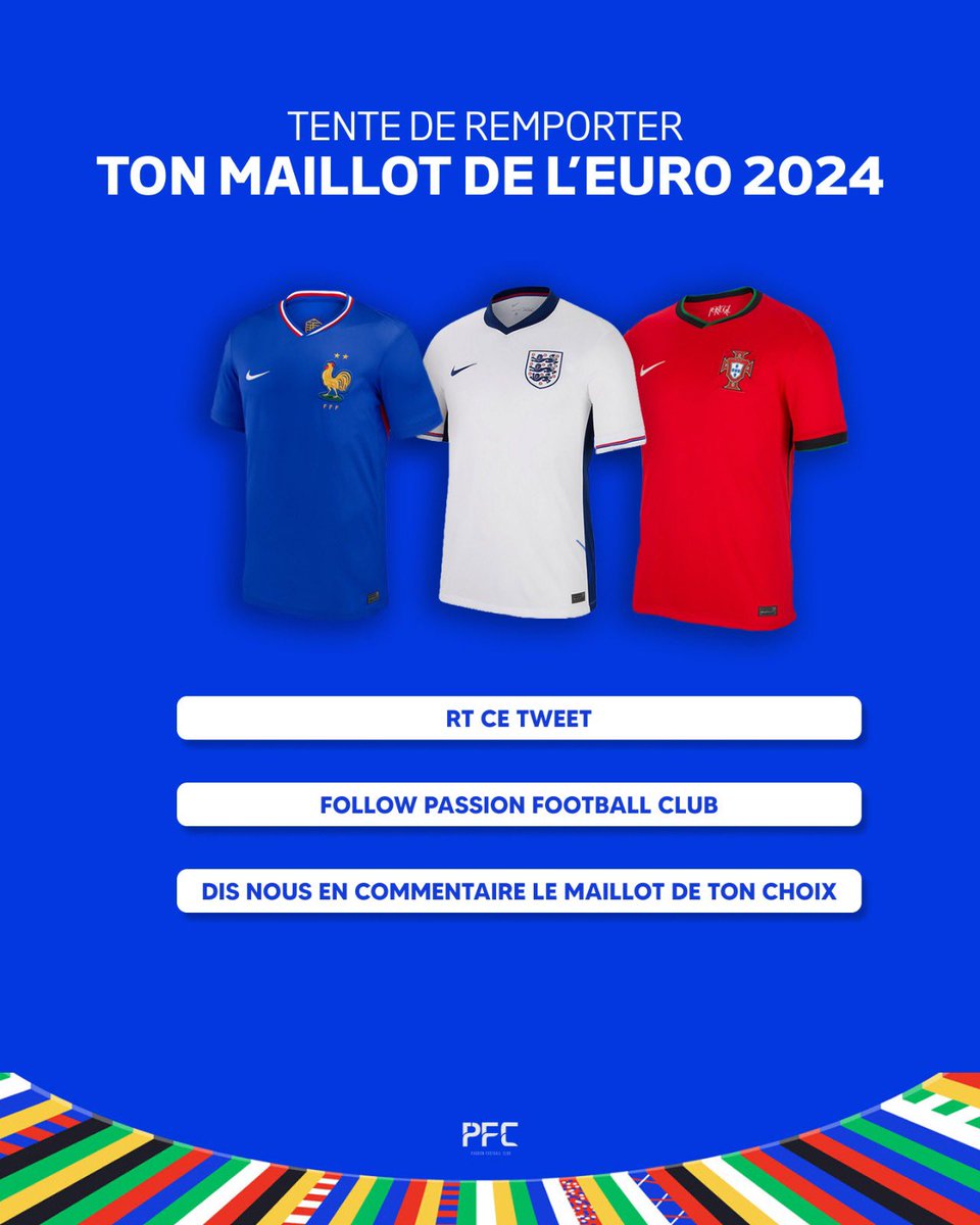 𝗥𝗧 + 𝗙𝗢𝗟𝗟𝗢𝗪 @PassionFootClub pour tenter de remporter ton maillot de l'Euro 2024 au choix 🤩

Dis nous en commentaire le maillot choisi et ta taille 👕

Tirage au sort (23/06) 🤞