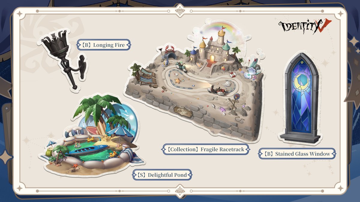 GameIdentityV's tweet photo. Dear visitors,
Let's make waves this summer!
For this year's Summer Event, awesome rewards await! Portrait, portrait frame, Toy Merchant new accessory, Cheerleader and Doctor's new costumes, plus event furniture and more! Stay tuned for more updates!
#IdentityV #IDVanniversary https://t.co/vI4e4nShFo