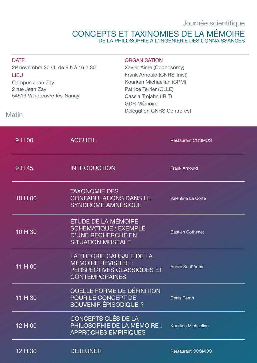 memovocab_fr's tweet image. Les inscriptions gratuites pour la journée « Concepts et taxinomies de la mémoire : de la philosophie à l&apos;ingénierie des connaissances », Vandœuvre-lès-Nancy, 29/11/2024, sont ouvertes ! Avec le soutien du @GDRmemoire. Détails ici : risc.cnrs.fr/echos/1403634