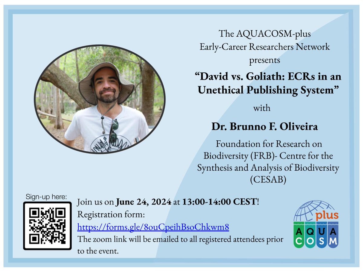 We will be hosting Dr. Brunno F. Oliveira to discuss his recent Ecology Letters paper (shorturl.at/kU2wM) about ECRs in an unethical publishing system. Join us for this free event! 

🗝️ Register here: shorturl.at/Vb5lC
📅 24th of June, 13-14:00 CEST