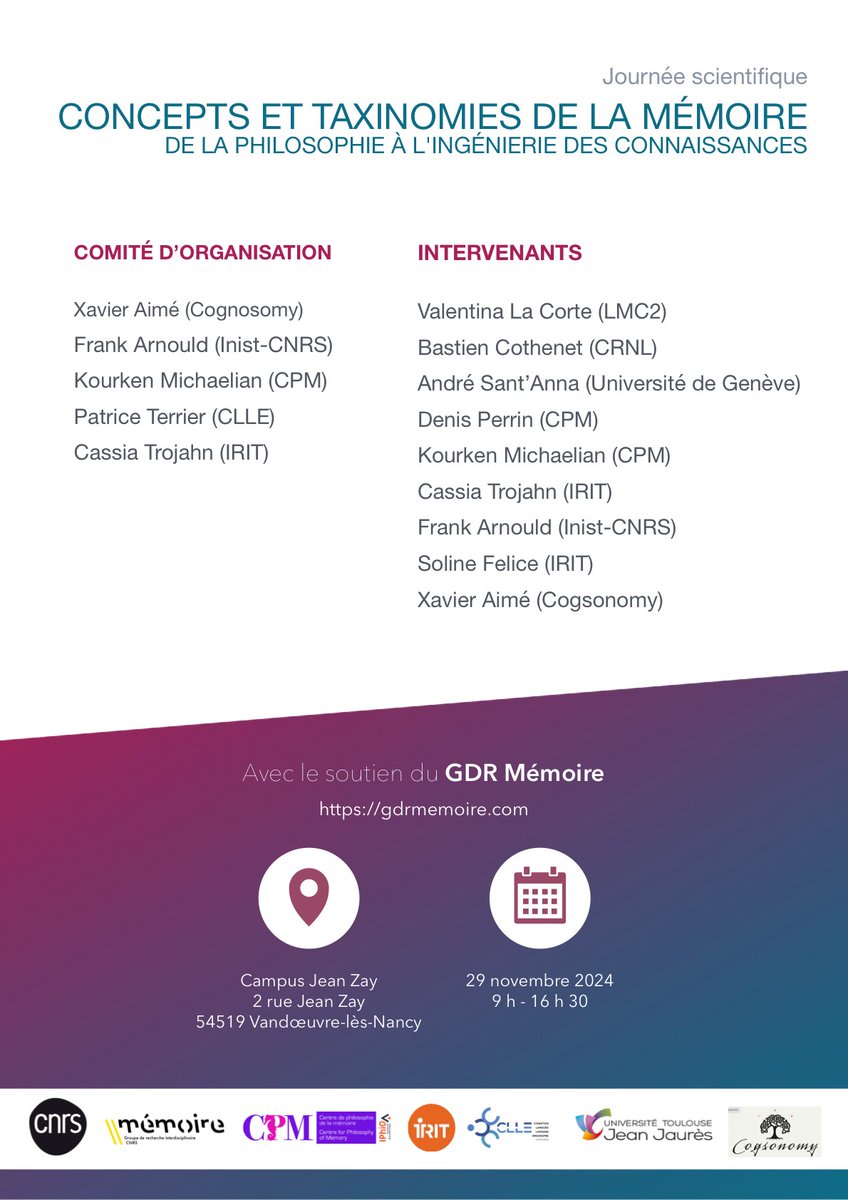 memovocab_fr's tweet image. Les inscriptions gratuites pour la journée « Concepts et taxinomies de la mémoire : de la philosophie à l&apos;ingénierie des connaissances », Vandœuvre-lès-Nancy, 29/11/2024, sont ouvertes ! Avec le soutien du @GDRmemoire. Détails ici : risc.cnrs.fr/echos/1403634