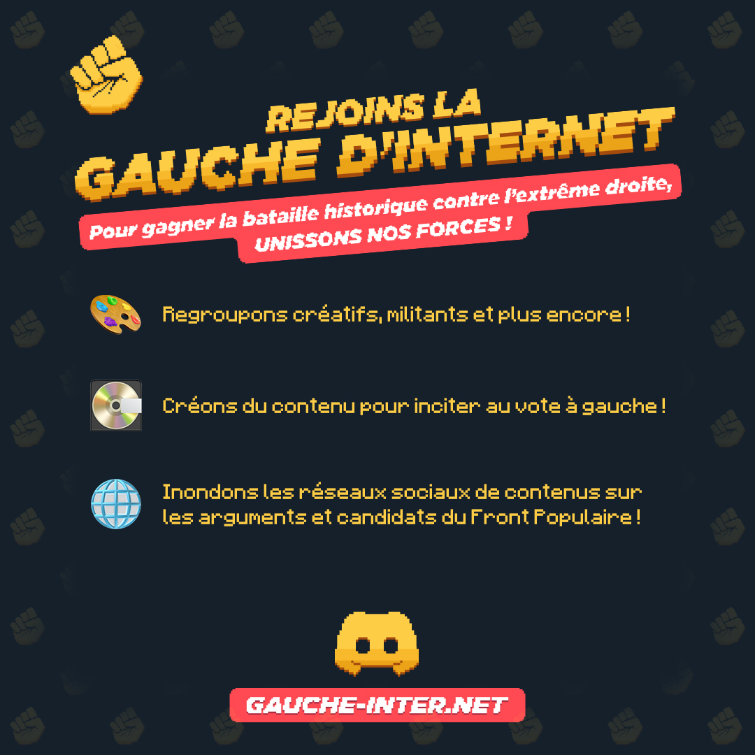 ❗ Le Rassemblement National est aux portes du pouvoir et il est de notre responsabilité de faire front. 

Unissons nos forces, unissons nos talents, unissons nous à travers La Gauche d’Internet ! ✊✊✊

#NouveauFrontPopulaire

👇