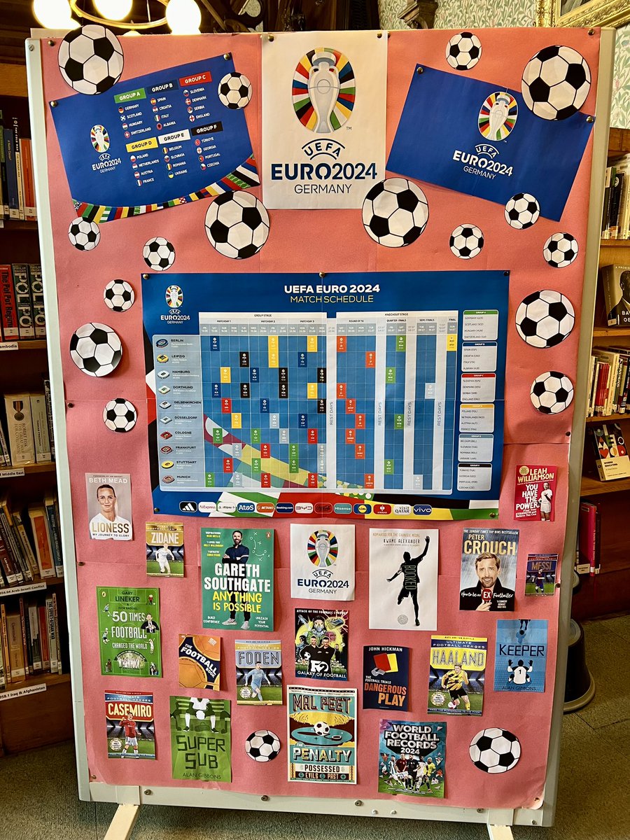 FettesLibrary's tweet photo. Who’s ready for the Euros?! ⚽️ 🥅 🏆 The library definitely is!! Plenty of our books on display, and you can follow all the results on our board. 
Looking forward to Germany vs Scotland tonight! @Fettes_College https://t.co/d2hqmq3tNb