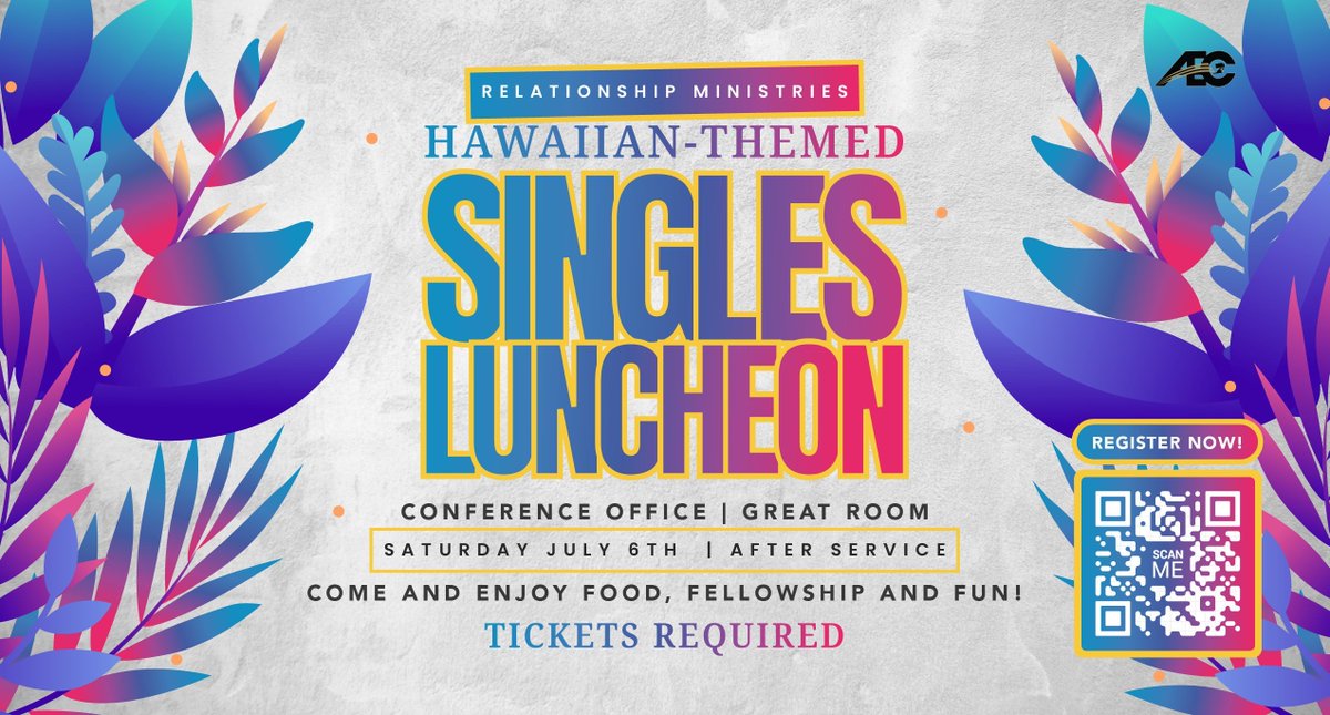 Join Relationship Ministries for a Hawaiian-themed Singles Luncheon on Saturday, July 6th, right after service! Enjoy delicious food, great fellowship, and plenty of fun. Tickets are required, so register now! #relationshipministries #singlesluncheon #AECCM2024