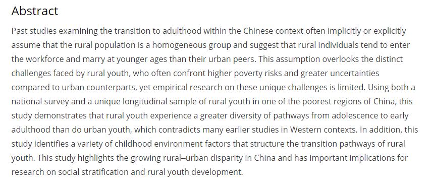 Kai Feng, PhD Candidate in Soc. &amp; Dem., &amp; Emily Hannum, Professor of Soc.,  have recently published a new article titled, "Diverse pathways from adolescence to early adulthood among China's rural youth: A New Perspective"  
Access the full research here ➡️doi.org/10.1177/205715…