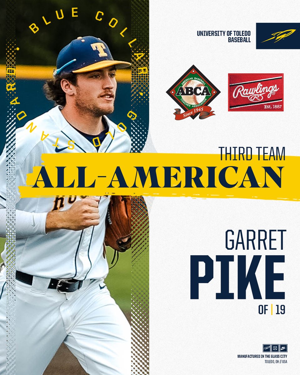 𝐀𝐋𝐋-𝐀𝐌𝐄𝐑𝐈𝐂𝐀𝐍 🇺🇸

Garret Pike is an ABCA/Rawlings Third Team All-American! He becomes Toledo's third student-athlete in four years to receive the ABCA/Rawlings national honor. 🏅

📰 bit.ly/3VrBqK6

#TeamToledo | <a href="/Garretpike2/">Gary</a>