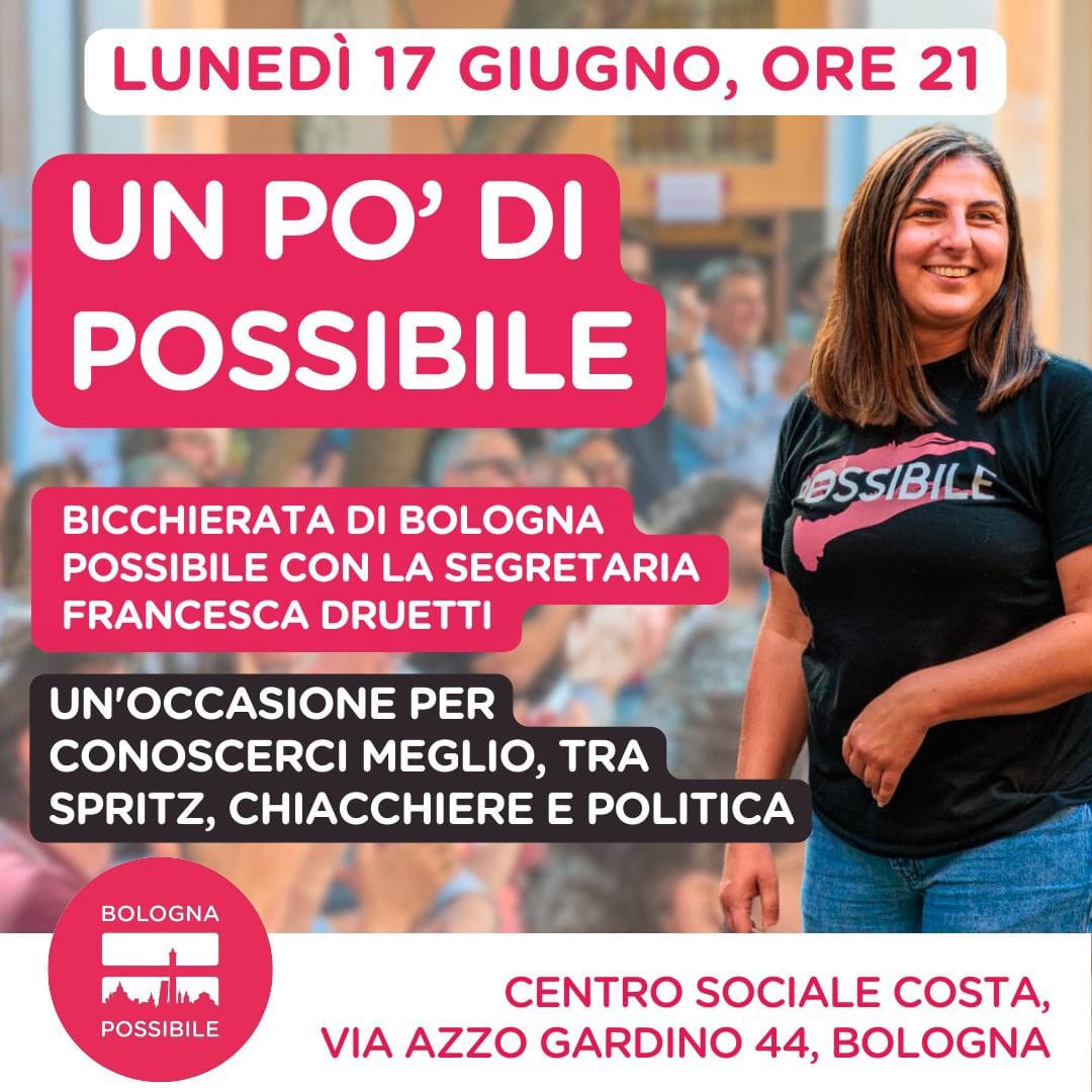 Lunedì 17 giugno alle 21 sarà a #Bologna la Segretaria di <a href="/PossibileIt/">Possibile</a> <a href="/Fra0283/">Francesca Druetti</a> .
Una bella occasione di incontro con iscrittə e simpatizzanti, per scambiarci idee e proposte.
Vi aspettiamo! 🤩