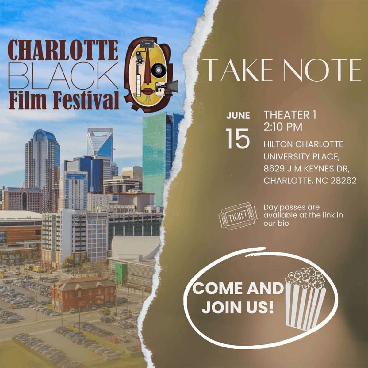 Come see Take Note for the first time at the Charlotte Black Film Festival on June 15th! Take Note will show at 2:10 at Hilton Charlotte University Place, 8629 J M Keynes Dr, Charlotte NC 28262.