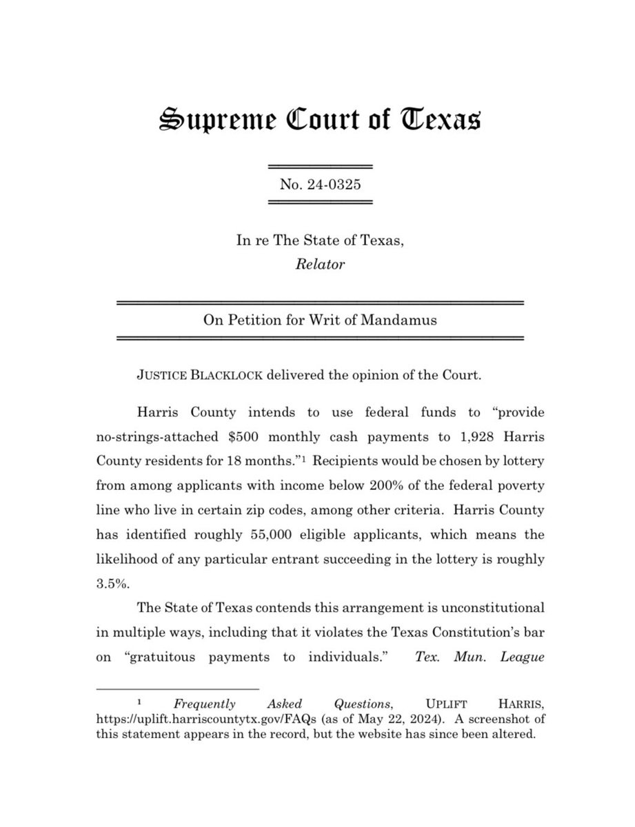 Breaking: Texas AG RULES that the UBI (universal basic income) program Harris County intended on deploying is unconstitutional and  that it violates the Texas Constitution's bar on "gratuitous payments to individuals."