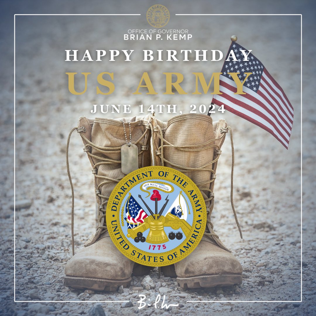 GovKemp's tweet photo. On this day 249 years ago, the Second Continental Congress established the @USArmy, which has since fought continuously to protect freedom and liberty worldwide. 

We’re deeply thankful for the service and sacrifice of all our past, present, and future soldiers. https://t.co/bV0iGmRVUa