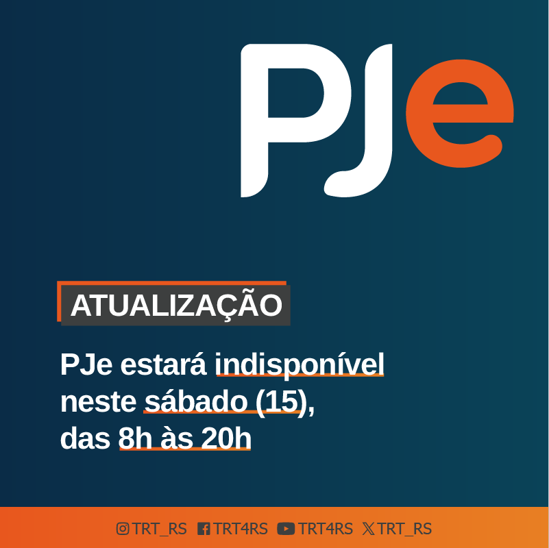 TRT_RS's tweet photo. O sistema PJe estará indisponível neste sábado (15), entre 8h e 20h, para atualização de versão.

Confira as melhorias e correções da versão 2.10.5 no Manual para Advogados, disponível na seção "PJe" do site do #TRT4 (menu lateral direito). https://t.co/VQeCQprcCB