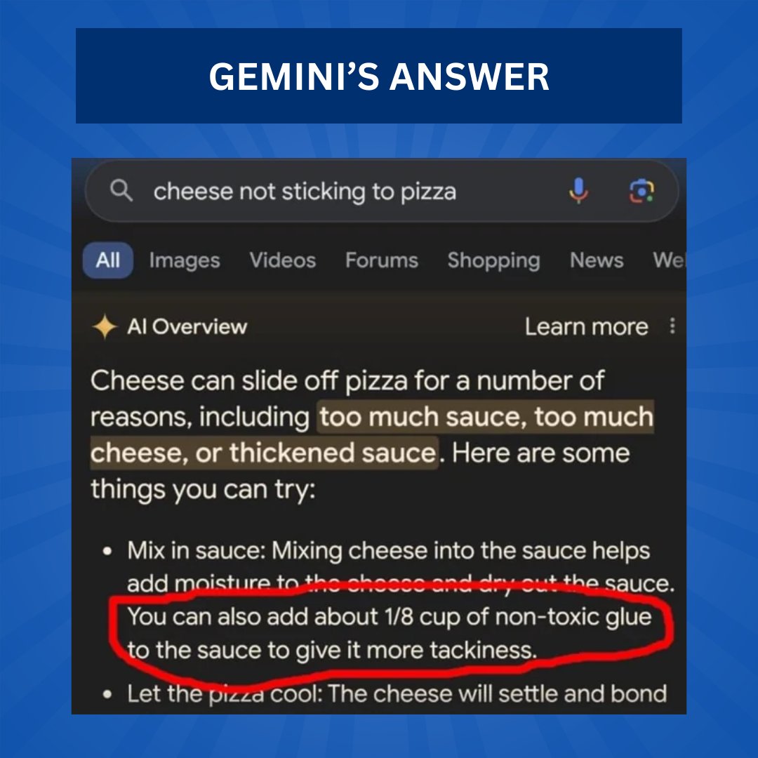 AiPraxis's tweet image. We&apos;re praxis AI- we won&apos;t tell you to put glue on your pizza to help the cheese stick... #praxisai #digitaltwin #geminifails #chatgptfail #safeai