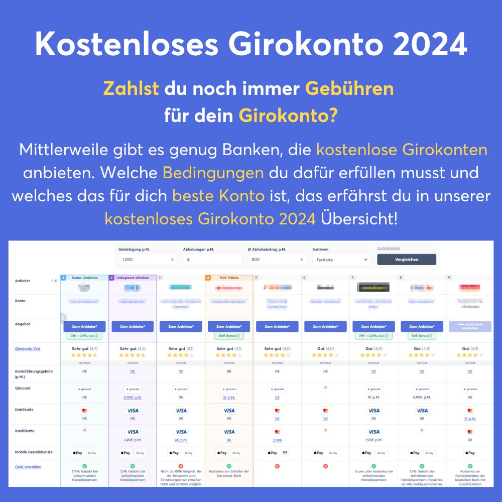Zahlst du noch immer Gebühren für dein Girokonto? 🤔  

Wir haben 20 Produkte überprüft, um das für dich beste kostenlose Girokonto zu finden: finanzfluss.de/vergleich/giro…

Welches das für dich beste Konto ist, erfährst du in unserer kostenloses Girokonto Übersicht!
