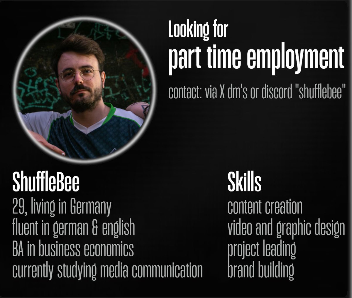 LOOKING FOR EMPLOYMENT

Looking for a part time employment next to my studies. 
I can offer multiple social media skills as well as leading qualities or brand building. 

References of work: <a href="/acegamingde/">AceGaming</a> 

RT = 💚