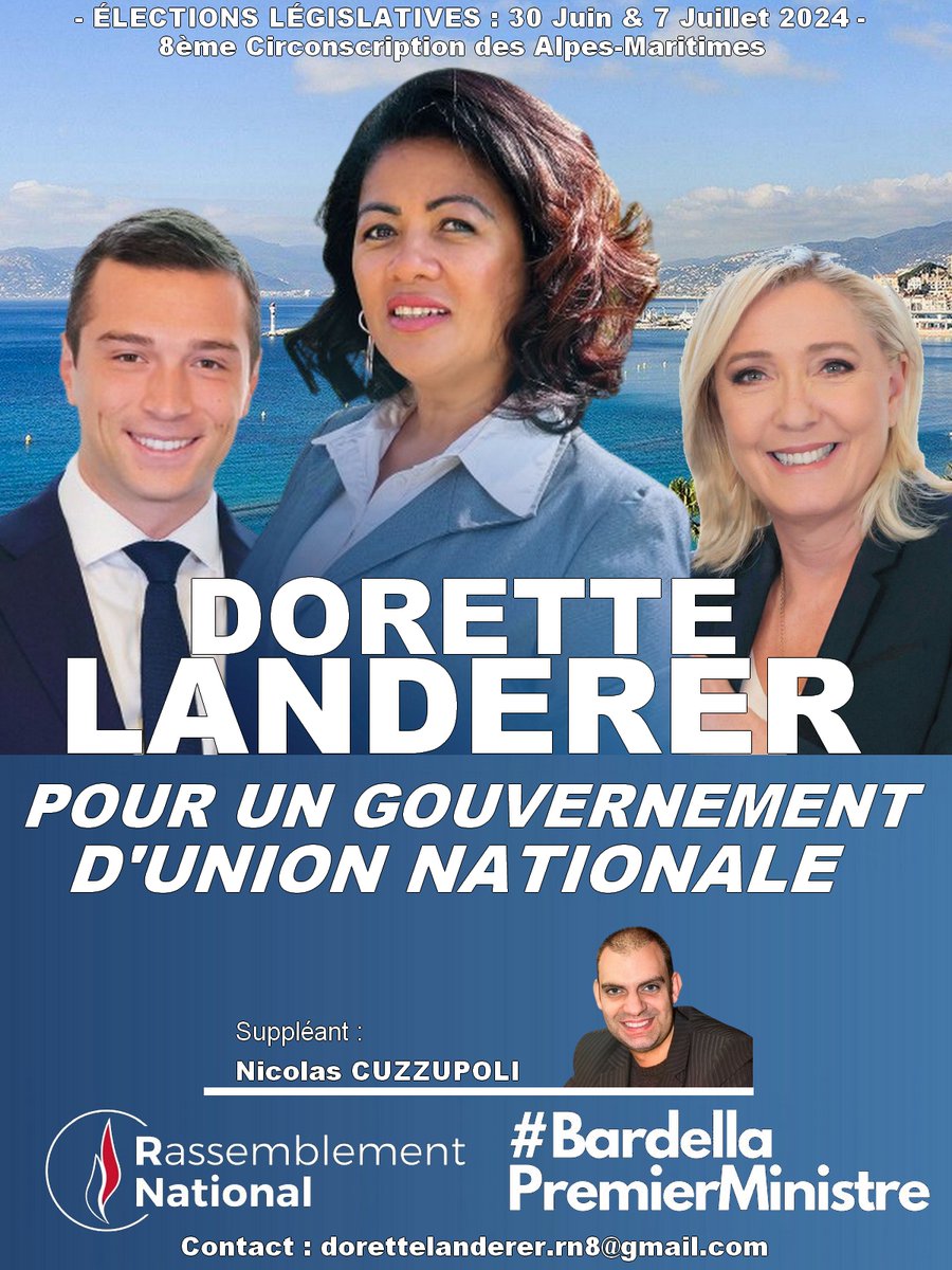 Conseillère municipale de Vallauris, soutenue par Jordan Bardella, Marine Le Pen, Eric Ciotti, et Marion Maréchal, j'ai le plaisir d'être votre candidate sur la 8ème circonscription des Alpes-Maritimes.
Un gouvernement d'Union Nationale, avec Jordan Bardella, Premier Ministre !