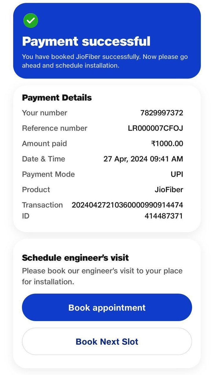 Itsharishachari's tweet image. Hey @JioCare @reliancejio , I paid ₹1,000 for Jio Fiber booking, but it wasn’t adjusted as promised during installation. Despite multiple calls to customer care, no resolution yet. This is unacceptable! Please refund my money. Attached the screenshots #JioFiber #UnresolvedIssue