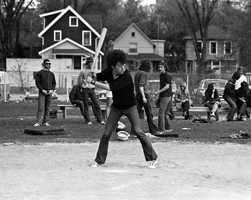 "Kick Out The Jams"
MC5 singer Rob Tyner playing baseball in Ann Arbor, 1970, with MC5 guitarist Fred "Sonic" Smith and "The Rationals'" leader Scott Morgan next to him in the hat on the far left (Smith and Morgan would later form Sonic's Rendezvous Band).
Captured by former Bob