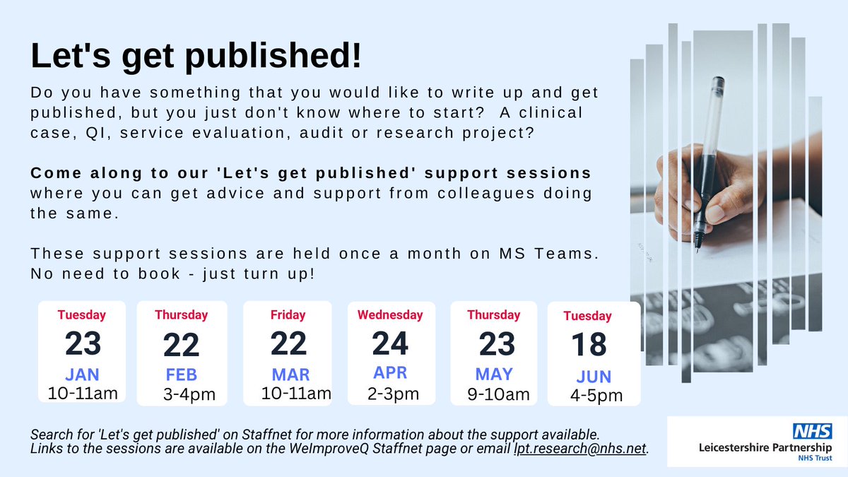 Sarah Baillon (@sarahbaillon) on Twitter photo Come along to the next 'Let's get published' support session on Wed 18th June at 4pm.
This is a monthly session where you can get advice & support from staff who have experience of getting work published.
No need to book. Contact lpt.research@nhs.net for the link. <a href="/LPTresearch/">LPT Research Team</a> Come along to the next 'Let's get published' support session on Wed 18th June at 4pm.
This is a monthly session where you can get advice & support from staff who have experience of getting work published.
No need to book. Contact lpt.research@nhs.net for the link. <a href="/LPTresearch/">LPT Research Team</a>