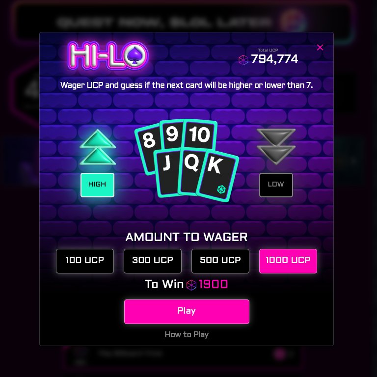 🎉 Introducing Hi-Lo on LoyalFi.xyz! 🎉

Wager your UCP for a chance to win more!

1️⃣ Guess if the next card drawn will be higher or lower than 7
2️⃣ A-6 = Low, 8-King = High, 7 = Push
3️⃣ Win UCP equal to your wager if you guess right (house takes 10%)