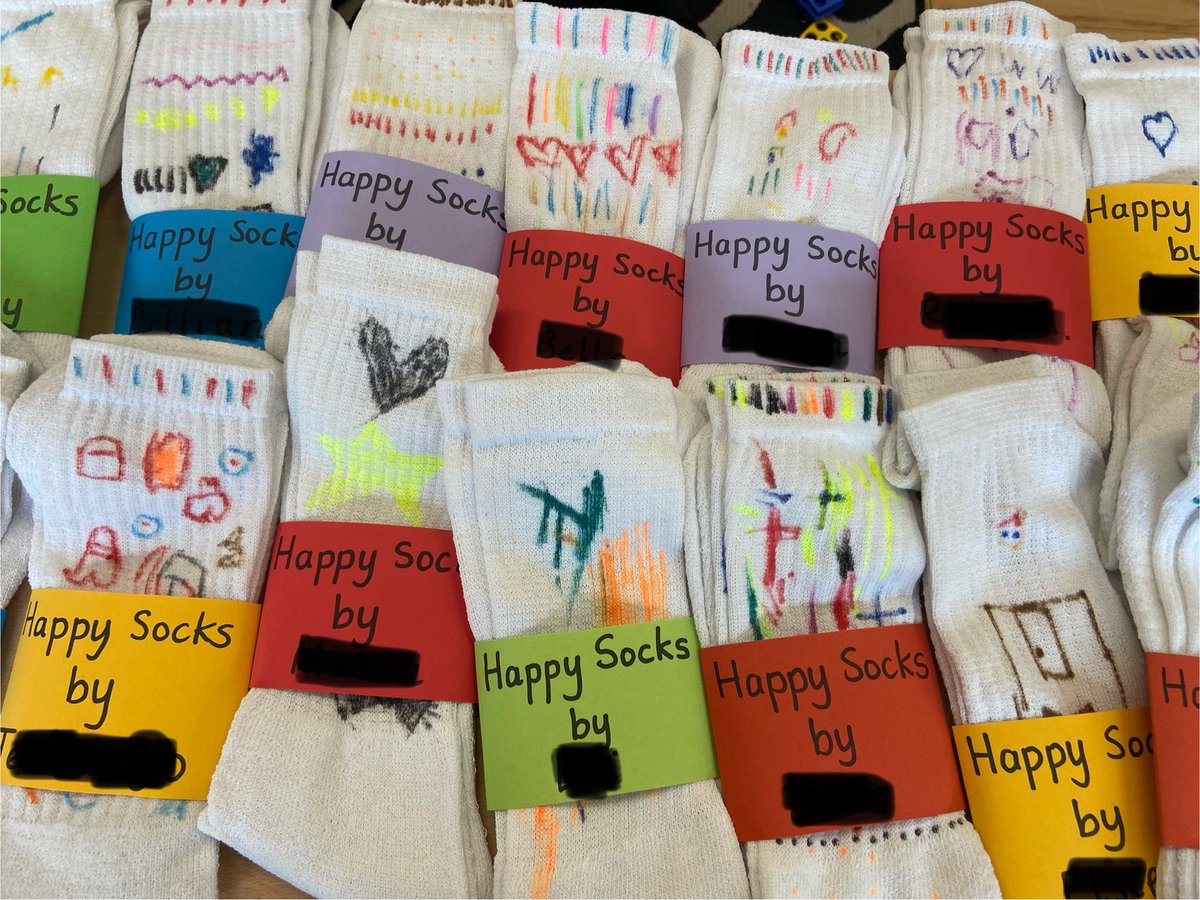 GEliseM30's tweet photo. Today we held a Father’s Day celebration in #eyfs The ch presented their adults with a unique gift of ‘happy socks’. Each pair designed and made with love. @EldonGroveAcad #eyfs #fathersday #reception #uniquechild https://t.co/lNzECwmclC