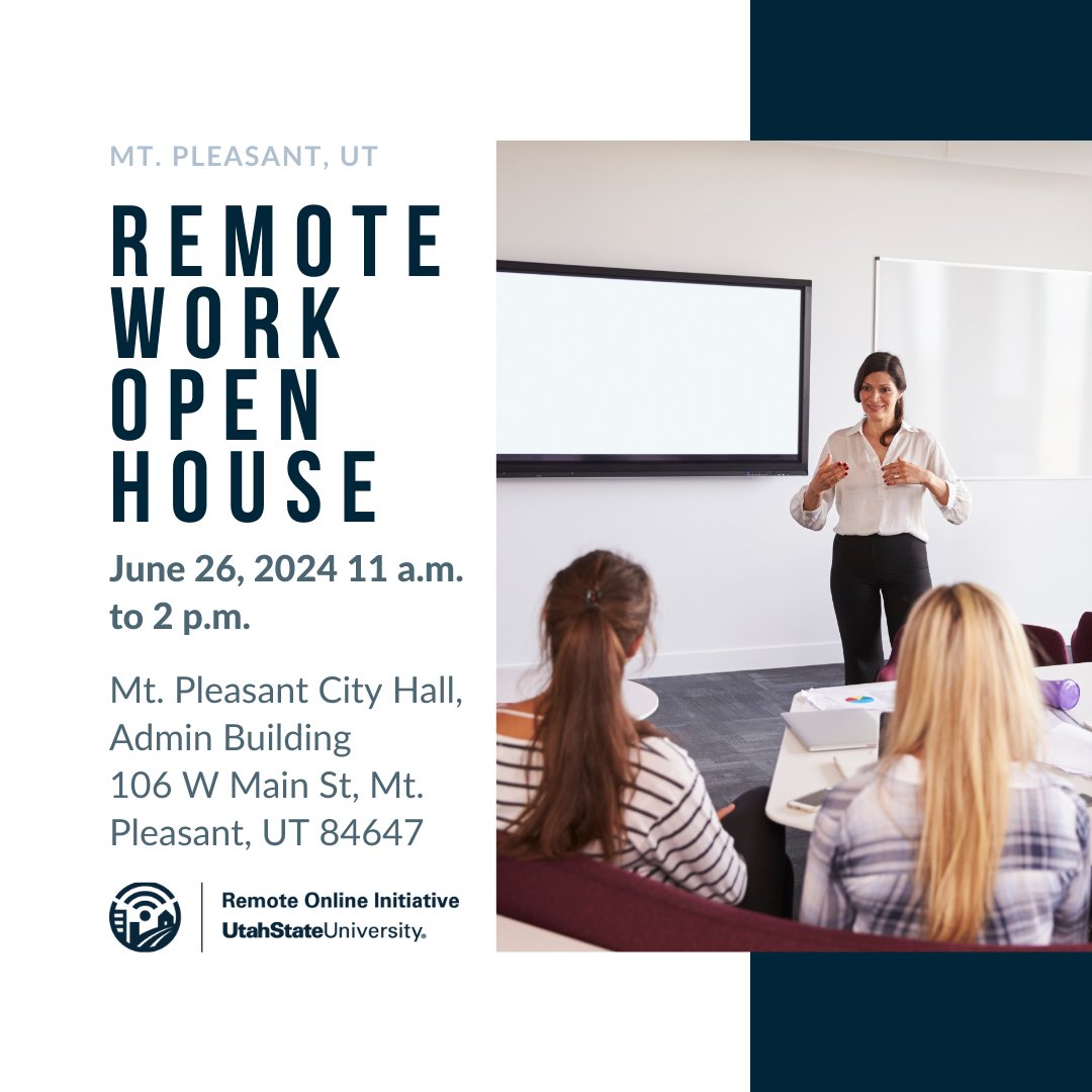RemoteWorkUSU's tweet image. Ready to work from anywhere? Join us at the Mt. Pleasant City Hall Admin Building for an info session on remote work opportunities with USU Extension&apos;s Remote Online Initiative! 

Stop by June 26 between 11 a.m. to 2 p.m. to get all the info you need to start your remote journey!