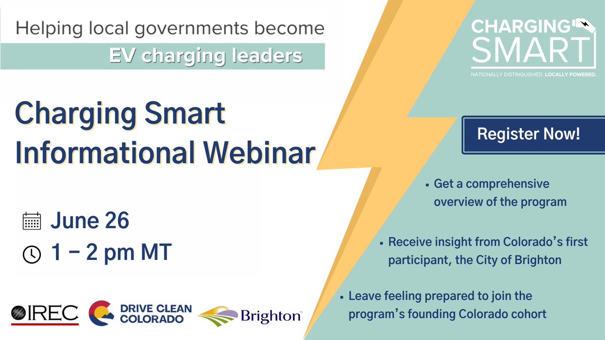 Join us on June 26 to learn more about Charging Smart, an EV readiness program designed for local governments. Leave feeling confident to join the program's founding Colorado cohort &amp; become a trailblazer in the state to receive an EV readiness designation:us02web.zoom.us/meeting/regist…