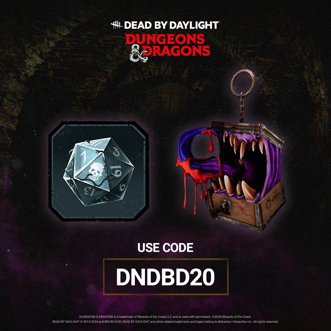 DeadbyDaylight's tweet image. Surprise! 🎲🔮 Use code DNDBD20 before June 30th to redeem this D&amp;amp;D dice badge and Mimic charm 🎁