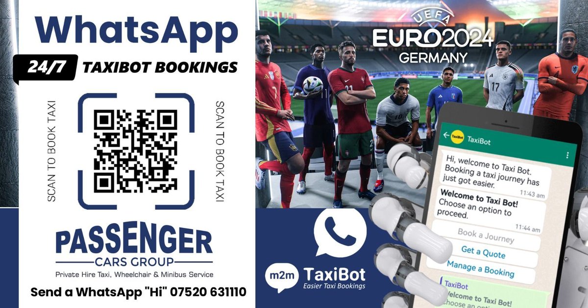 Planning to visit the beer gardens for the kick-off of the 2024 EURO's? 

Easily connect with our WhatsApp TaxiBot by saving the contact as Passenger Cars TaxiBot 🚕. Just send a quick Hi👋 
buff.ly/3K85hCk 

#TaxiReservation #CabService #euros2024
