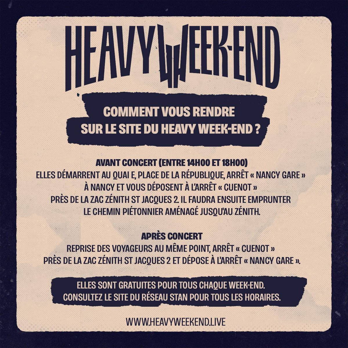 HeavyWD's tweet image. 🚌 TRANSPORT ET ACCESSIBILITÉ 🚌

📌 Pour que votre venue se déroule sans accroc, nous vous avons concocté un petit guide des transports !

ℹ️ Tous les détails sont dans ce post et sur le site du Heavy WeekEnd.

🎫 heavyweekend.live
